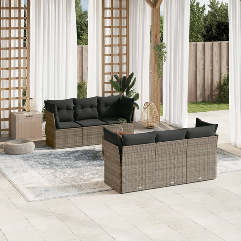 7-tlg. Garten-Sofagarnitur mit Kissen Grau Poly Rattan