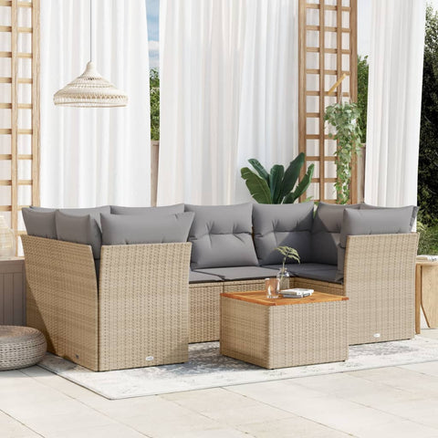 7-tlg. Garten-Sofagarnitur mit Kissen Beige Poly Rattan