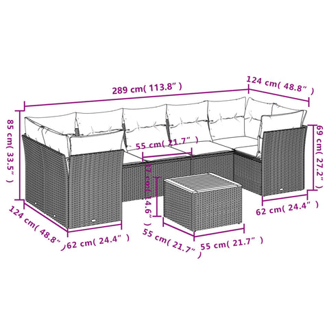 8-tlg. Garten-Sofagarnitur mit Kissen Grau Poly Rattan