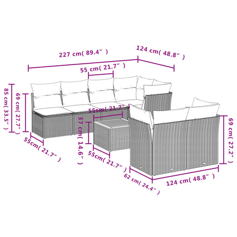 8-tlg. Garten-Sofagarnitur mit Kissen Beige Poly Rattan