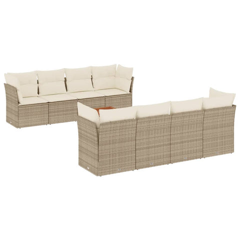 9-tlg. Garten-Sofagarnitur mit Kissen Beige Poly Rattan