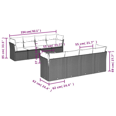 9-tlg. Garten-Sofagarnitur mit Kissen Beige Poly Rattan