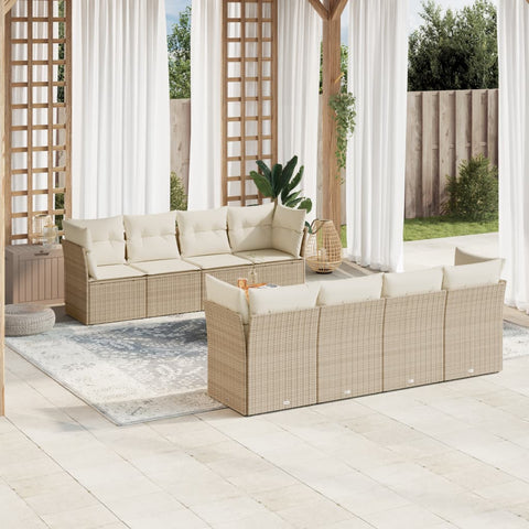 9-tlg. Garten-Sofagarnitur mit Kissen Beige Poly Rattan