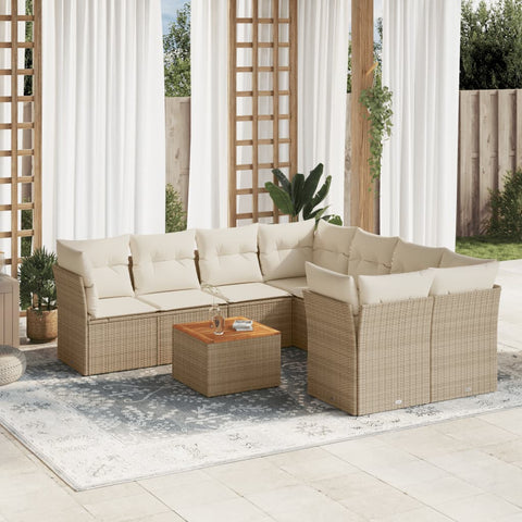 9-tlg. Garten-Sofagarnitur mit Kissen Beige Poly Rattan