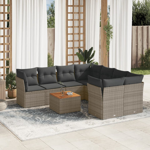 9-tlg. Garten-Sofagarnitur mit Kissen Grau Poly Rattan