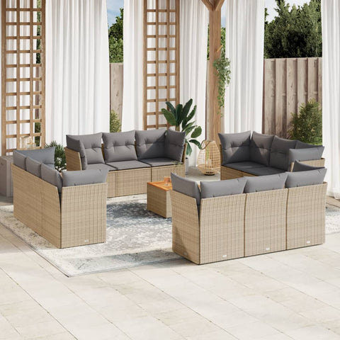 13-tlg. Garten-Sofagarnitur mit Kissen Beige Poly Rattan