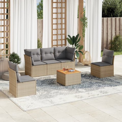 6-tlg. Garten-Sofagarnitur mit Kissen Beige Poly Rattan