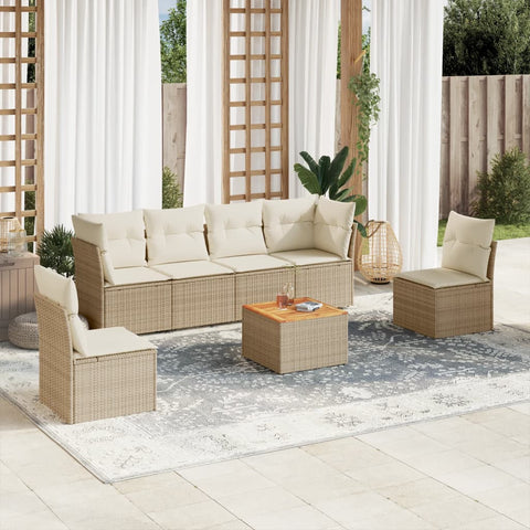 7-tlg. Garten-Sofagarnitur mit Kissen Beige Poly Rattan