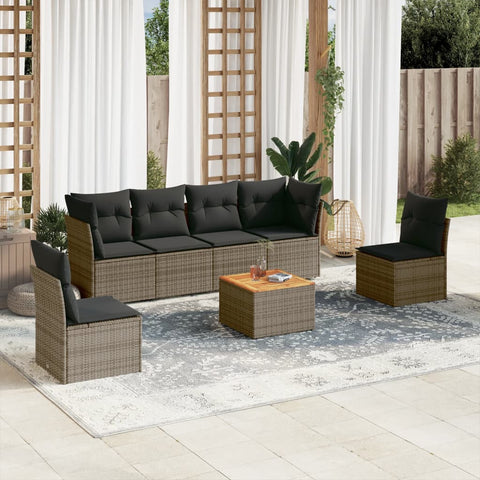 7-tlg. Garten-Sofagarnitur mit Kissen Grau Poly Rattan