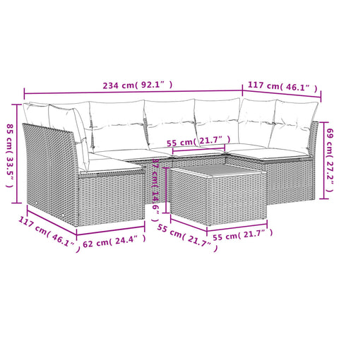 7-tlg. Garten-Sofagarnitur mit Kissen Beige Poly Rattan