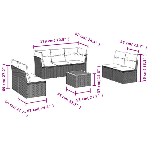 8-tlg. Garten-Sofagarnitur mit Kissen Grau Poly Rattan