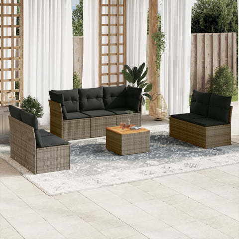 8-tlg. Garten-Sofagarnitur mit Kissen Grau Poly Rattan