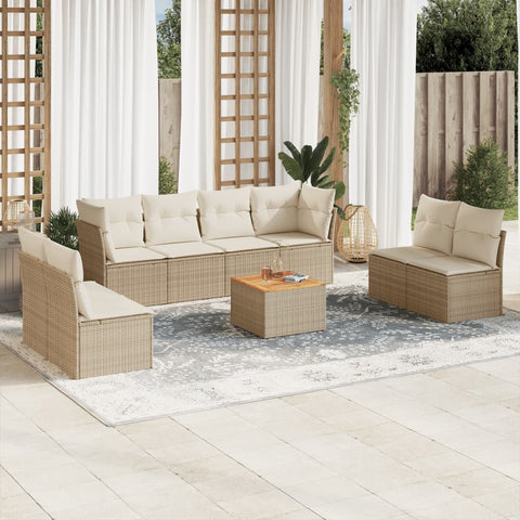 9-tlg. Garten-Sofagarnitur mit Kissen Beige Poly Rattan