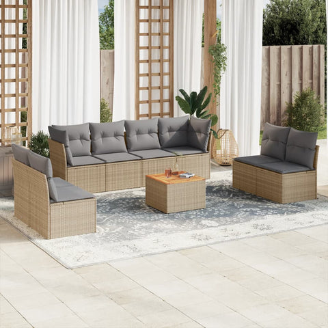 9-tlg. Garten-Sofagarnitur mit Kissen Beige Poly Rattan