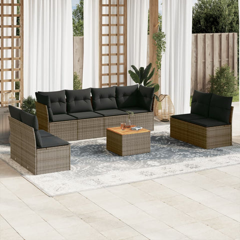 9-tlg. Garten-Sofagarnitur mit Kissen Grau Poly Rattan