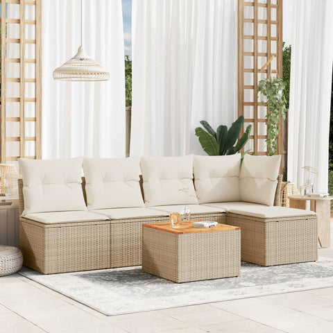 6-tlg. Garten-Sofagarnitur mit Kissen Beige Poly Rattan