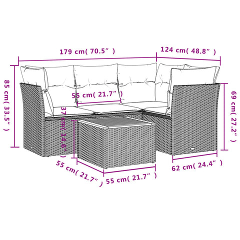 5-tlg. Garten-Sofagarnitur mit Kissen Grau Poly Rattan