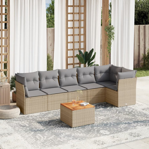 7-tlg. Garten-Sofagarnitur mit Kissen Beige Poly Rattan