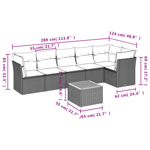 7-tlg. Garten-Sofagarnitur mit Kissen Grau Poly Rattan