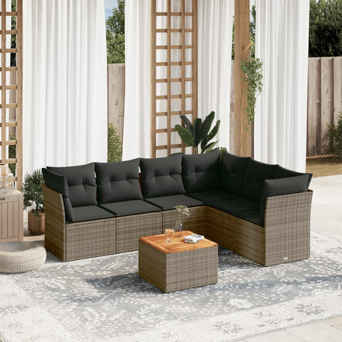 7-tlg. Garten-Sofagarnitur mit Kissen Grau Poly Rattan