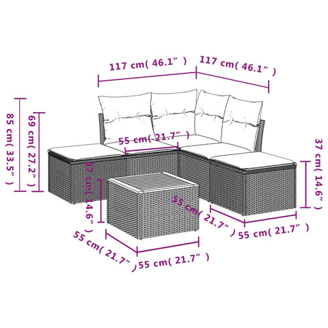 6-tlg. Garten-Sofagarnitur mit Kissen Grau Poly Rattan