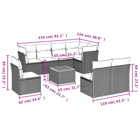 9-tlg. Garten-Sofagarnitur mit Kissen Beige Poly Rattan