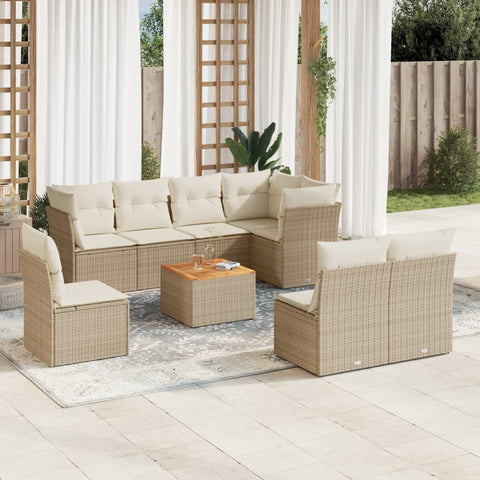 9-tlg. Garten-Sofagarnitur mit Kissen Beige Poly Rattan