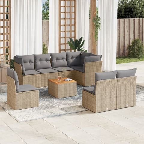 9-tlg. Garten-Sofagarnitur mit Kissen Beige Poly Rattan