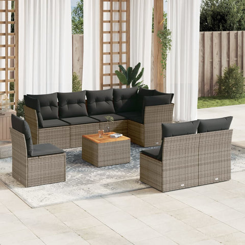 9-tlg. Garten-Sofagarnitur mit Kissen Grau Poly Rattan