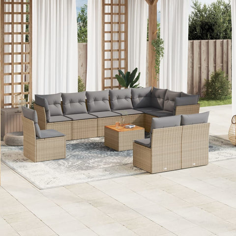 11-tlg. Garten-Sofagarnitur mit Kissen Beige Poly Rattan