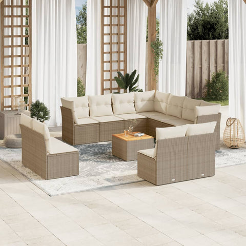 12-tlg. Garten-Sofagarnitur mit Kissen Beige Poly Rattan