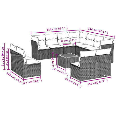 12-tlg. Garten-Sofagarnitur mit Kissen Grau Poly Rattan