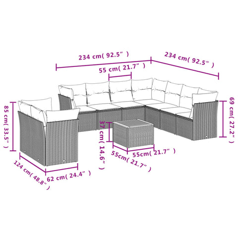 10-tlg. Garten-Sofagarnitur mit Kissen Beige Poly Rattan