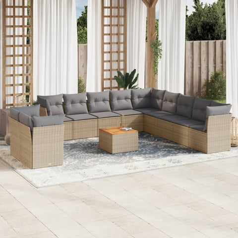 12-tlg. Garten-Sofagarnitur mit Kissen Beige Poly Rattan