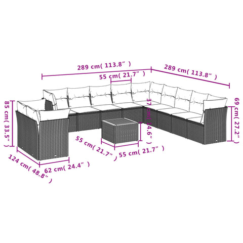 12-tlg. Garten-Sofagarnitur mit Kissen Grau Poly Rattan