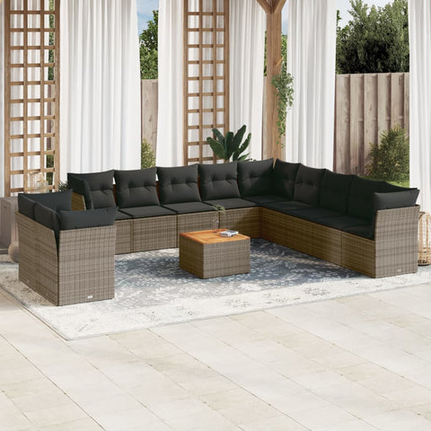 12-tlg. Garten-Sofagarnitur mit Kissen Grau Poly Rattan