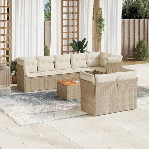 9-tlg. Garten-Sofagarnitur mit Kissen Beige Poly Rattan