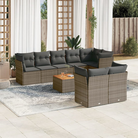 9-tlg. Garten-Sofagarnitur mit Kissen Grau Poly Rattan