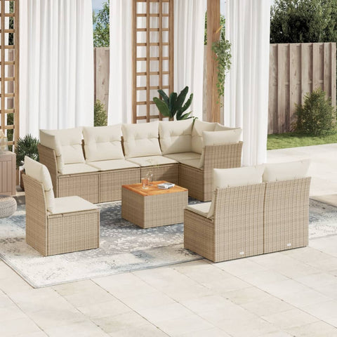 9-tlg. Garten-Sofagarnitur mit Kissen Beige Poly Rattan