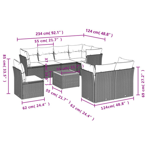 9-tlg. Garten-Sofagarnitur mit Kissen Grau Poly Rattan