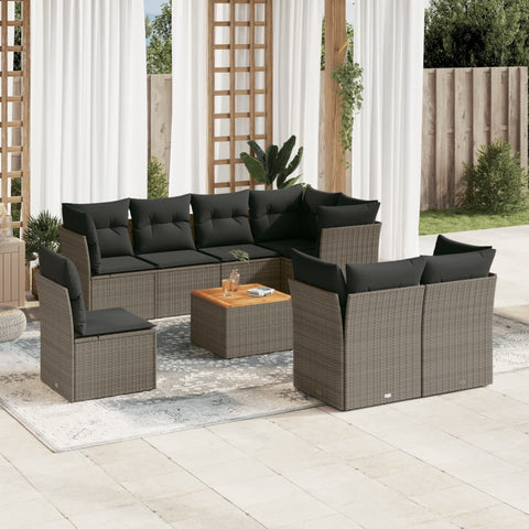 9-tlg. Garten-Sofagarnitur mit Kissen Grau Poly Rattan