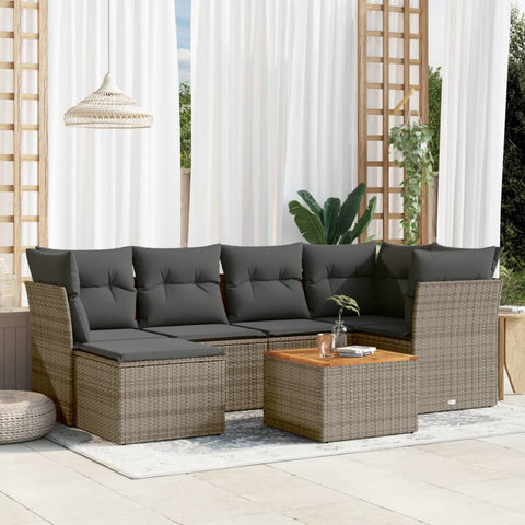 7-tlg. Garten-Sofagarnitur mit Kissen Grau Poly Rattan