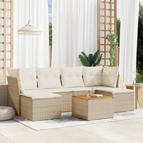 7-tlg. Garten-Sofagarnitur mit Kissen Beige Poly Rattan