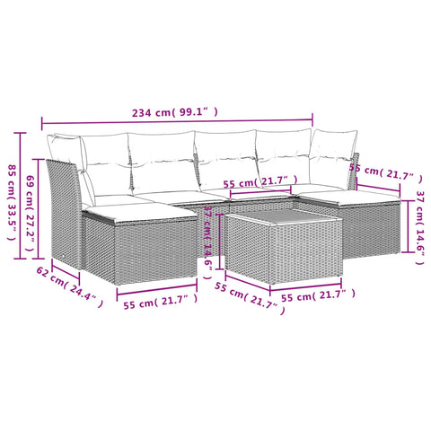 7-tlg. Garten-Sofagarnitur mit Kissen Grau Poly Rattan