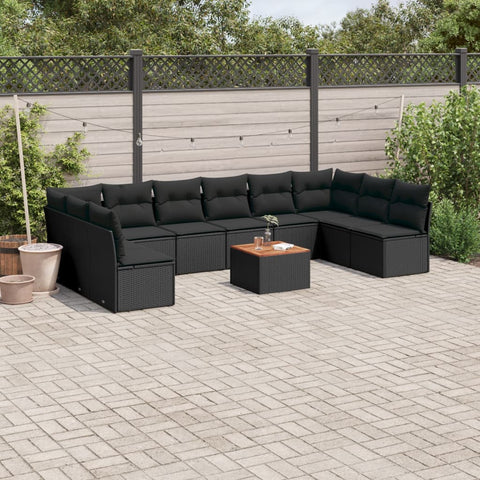 11-tlg. Garten-Sofagarnitur mit Kissen Schwarz Poly Rattan