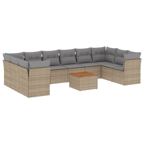 11-tlg. Garten-Sofagarnitur mit Kissen Beige Poly Rattan