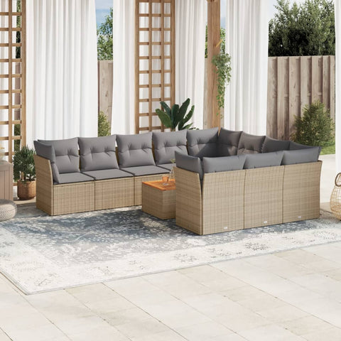 11-tlg. Garten-Sofagarnitur mit Kissen Beige Poly Rattan