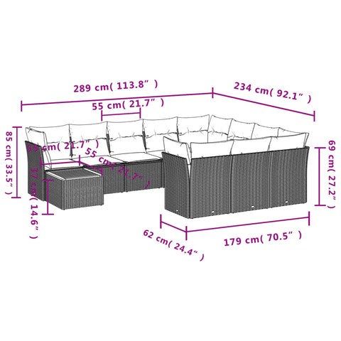 11-tlg. Garten-Sofagarnitur mit Kissen Schwarz Poly Rattan