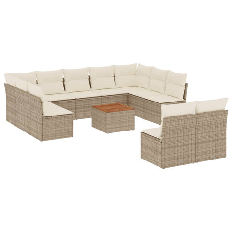 12-tlg. Garten-Sofagarnitur mit Kissen Beige Poly Rattan