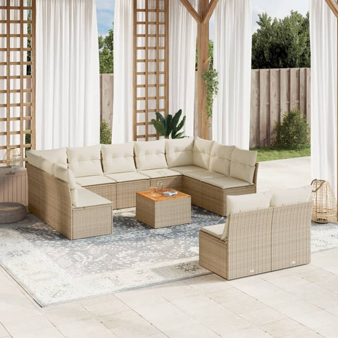 12-tlg. Garten-Sofagarnitur mit Kissen Beige Poly Rattan